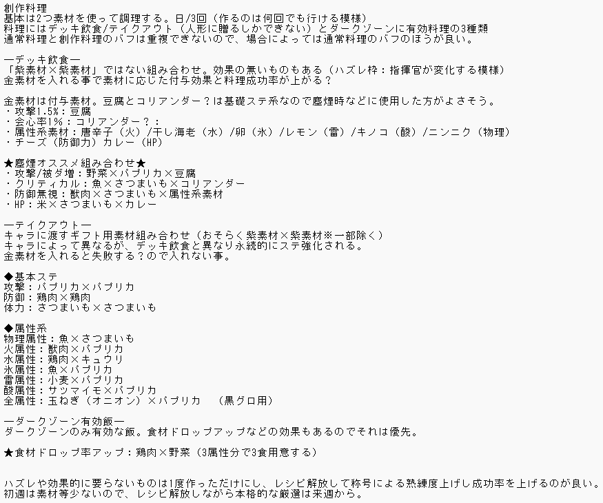 Lucia_115R's tweet photo. 創作料理（自家製料理？） ゲーム内ヘルプや、いつもアプデ情報などまとめている方の記事読んでもよくわからんだったので調べてまとめました。
ただネタバレあるのでセイシティブにしてあります。気にしない方のみ閲覧してください。
#ドルフロ2 https://t.co/LjiistpxCL