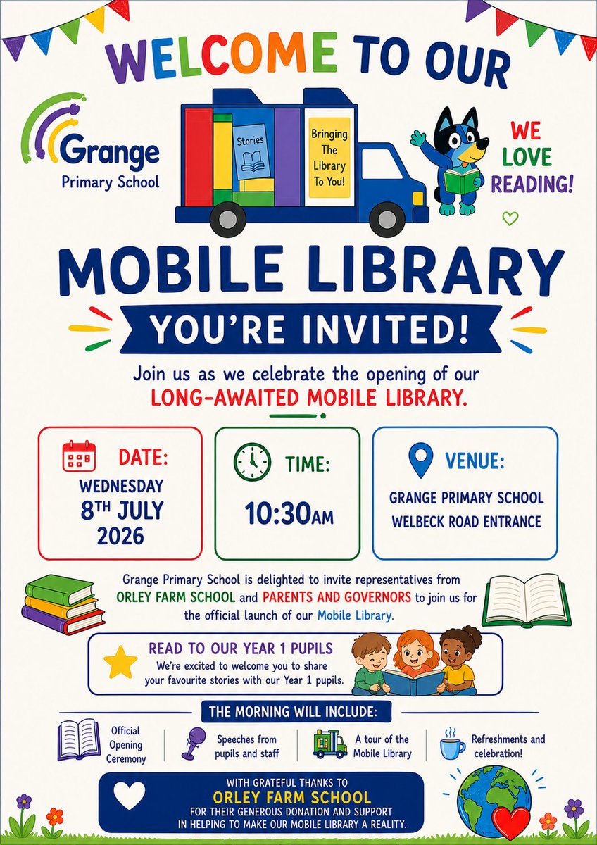 GrangeHarrow's tweet photo. 🎉📚 Mobile Library Launch Invitation @GrangeHarrow 
Join us as we celebrate the grand opening of our brand new Mobile Library! 🚐✨ This exciting event takes place on Wednesday, 8th July at 10:30 AM.

#StudentLeaders #InnovationInEducation #CelebrateSuccess #ReadingForAll https://t.co/7voNFgqJVp