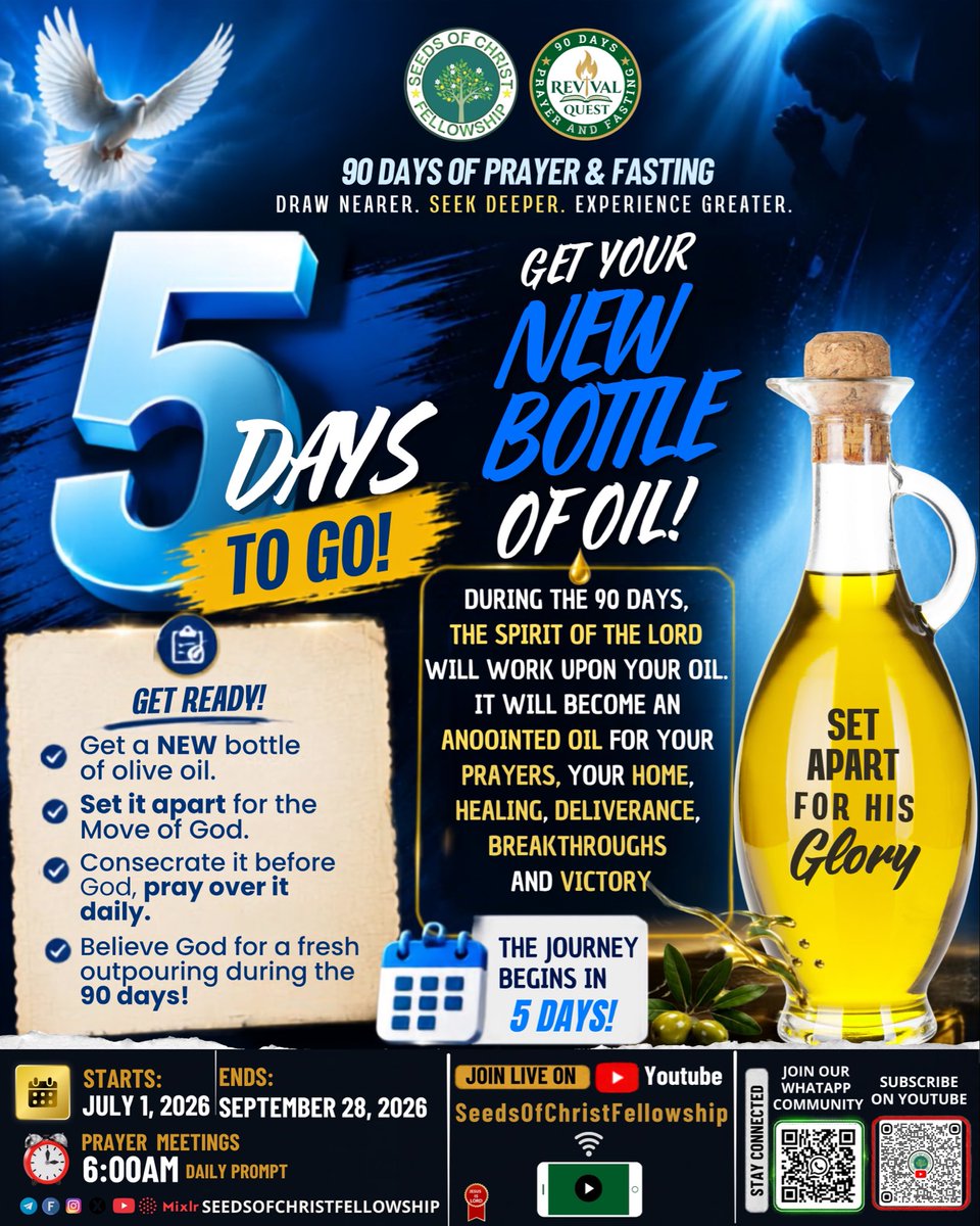 OladeleImpacts's tweet photo. Only 5 Days to Go!

As we prepare for Revival Quest 2026 – 90 Days of Prayer &amp; Fasting, get your new bottle of olive oil ready and set it apart unto the Lord.

Pray over it daily and come with great expectation, believing God for fresh encounters

1/2 https://t.co/ESW9i6moJY