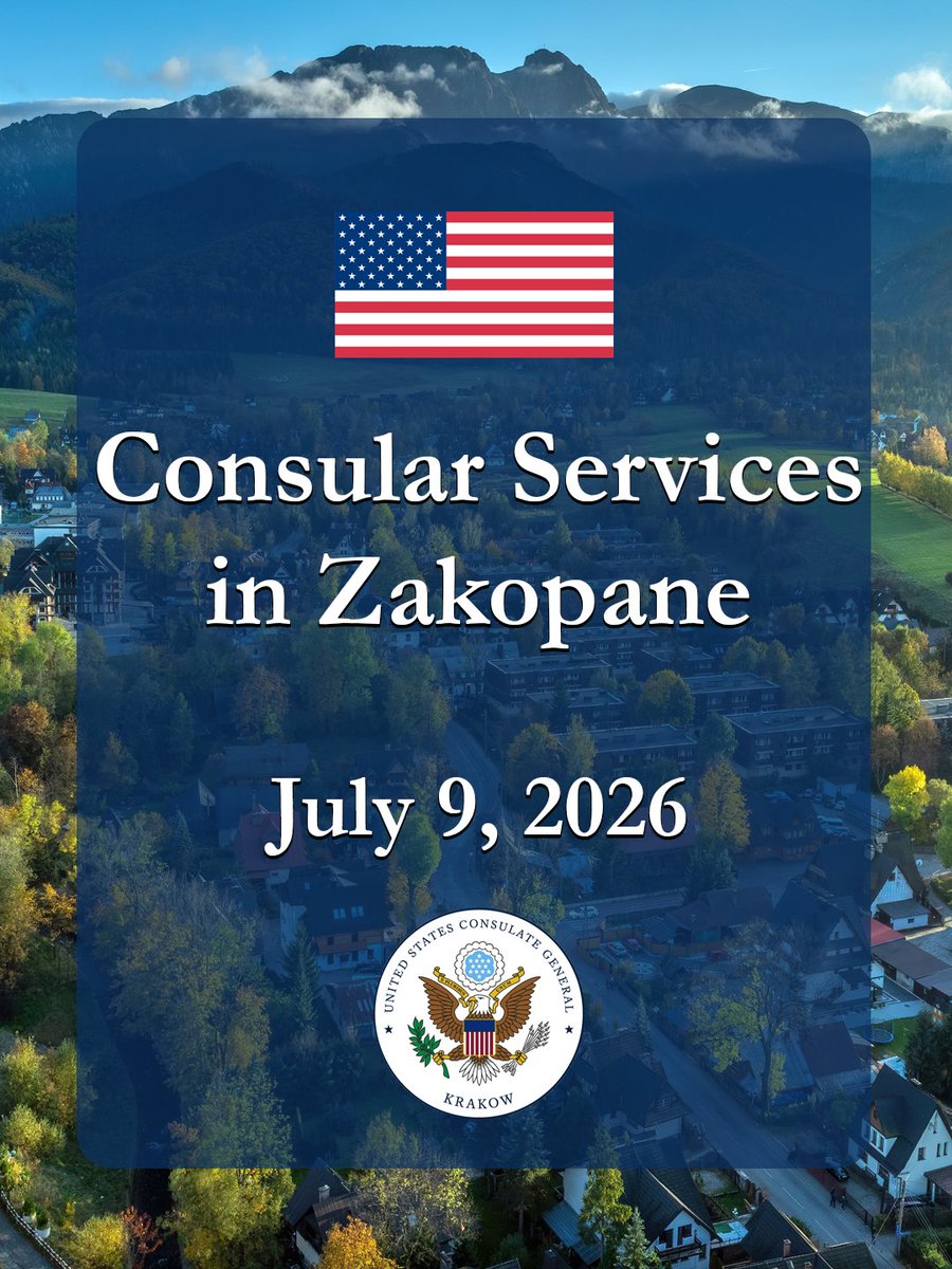 USConsKrakow's tweet photo. The U.S. Consulate in Krakow is pleased to announce that it will conduct limited consular services in Zakopane on July 9, 2026.
U.S. citizens can schedule an appointment to apply for passport services, Consular Reports of Birth Abroad, and notary services.
Services will be available by appointment only from 9:00 a.m. to 11:30 a.m. To schedule an appointment, call the U.S. Consulate at (12) 424-51-00 between 9:00 a.m. and 11:00 a.m.  Please schedule your appointment before 12:00 p.m. on July 7th.
Further details on required forms and documents for passport services can be found on the Consulate website: https://t.co/mznm3JjW3A
Application requirements for Consular Reports of Birth Abroad can be found here: https://t.co/GcXLgeb6mc
Please make sure to complete any required forms before your appointment.
We look forward to seeing you soon in Zakopane!