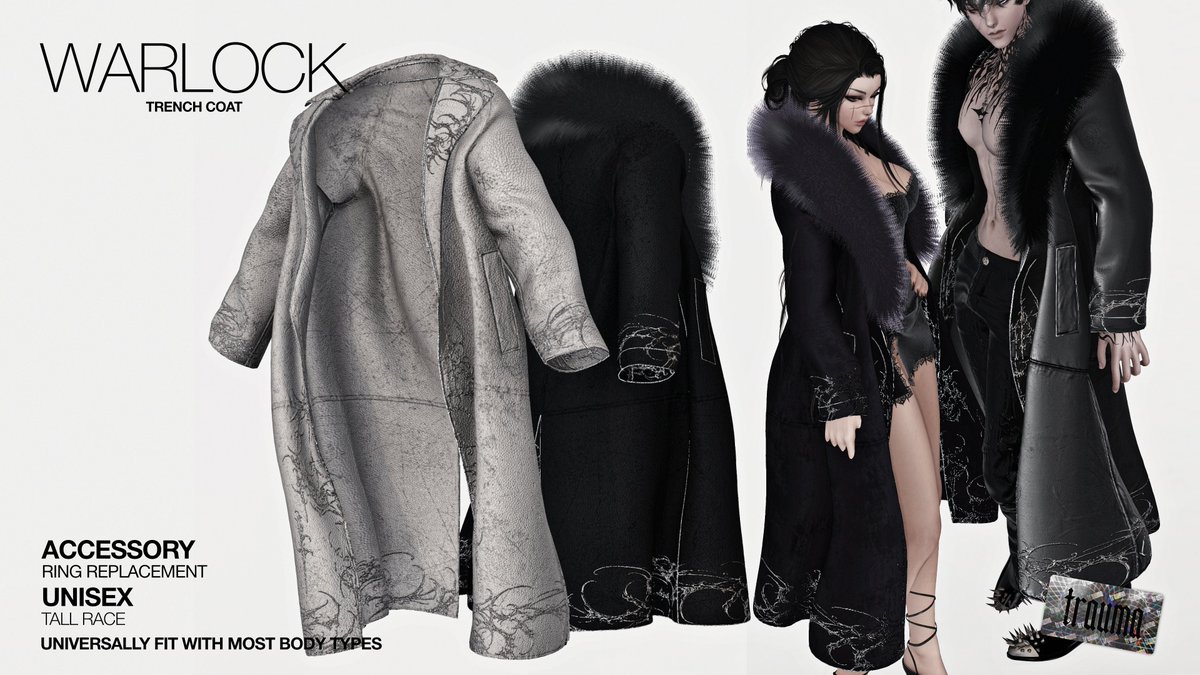 who_trauma's tweet photo. 🔥 Warlock Trench Coat [Unisex] : Now Available! ✅
INCLUDES
- Trench Coat Accessory (Ring Replacement)
- Over 10+ Texture Options
- Universally fits with MOST body types for both m/f
(Tested with TBSE-X,Z any, Rue)

Download links in the comment⤵️

_____________________________
#traumamod