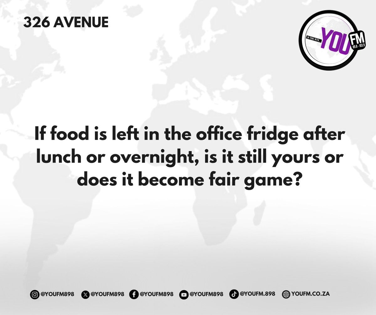 YOUFM898's tweet photo. QUESTION OF THE DAY
                                                                                                                                                                                                                                       Office fridge politics can get surprisingly serious! 👀🍽️
One person's leftovers are another person's temptation—but does leaving food in the fridge overnight mean you've given up your claim to it?

Check out today's Question of the Day and let us know what you think in the comments. 👇

 #326Avenue #YOUFM898
