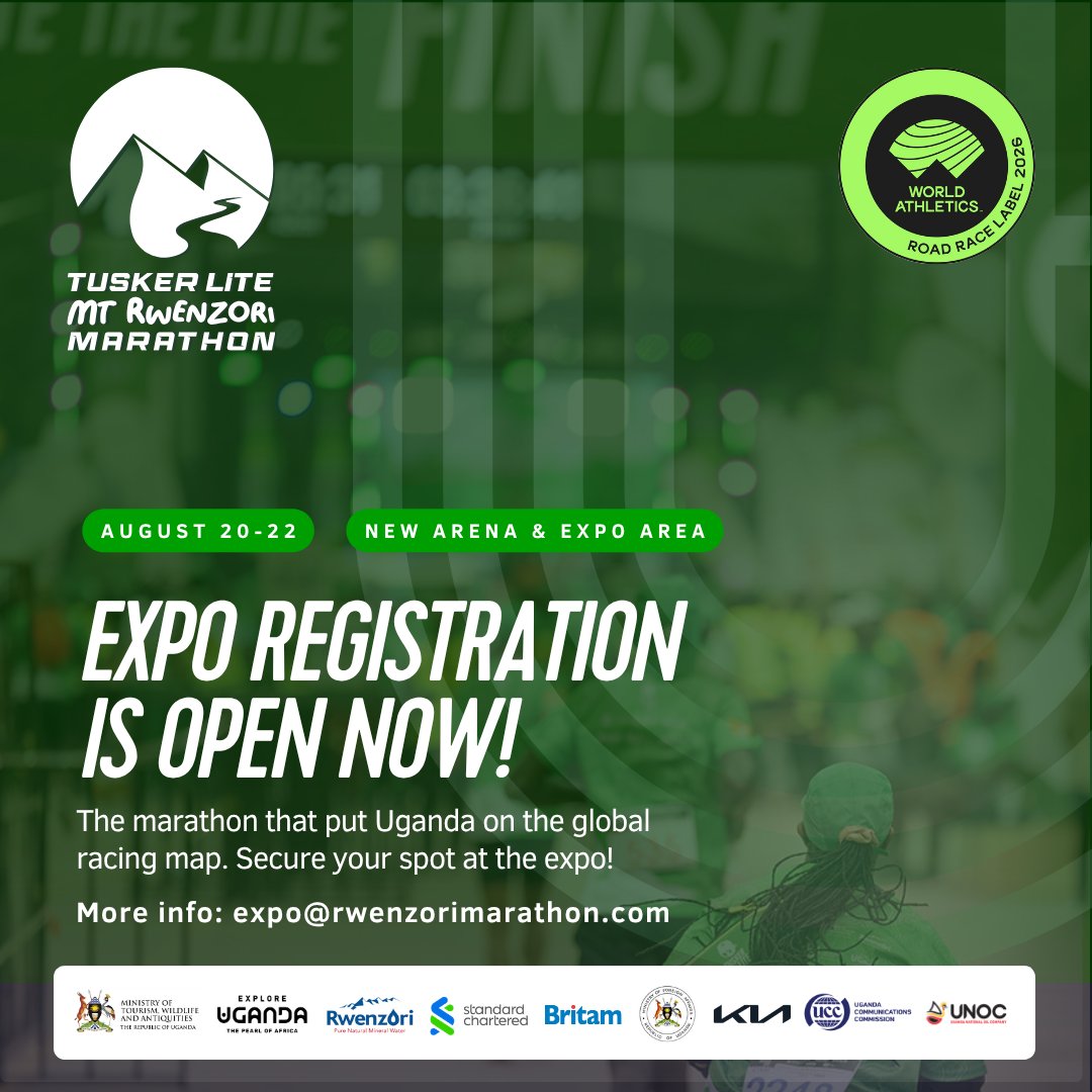 RwenzoriMarathn's tweet photo. The expo at Uganda's only World Athletics Label marathon is open for vendors.

New arena. More space. Race day, 22 August 2026, Kasese.

40 booths. First come, first served.
🔗 https://t.co/NBrbQGxeO4

#TuskerLiteRwenzoriMarathon https://t.co/adbYorxBUg