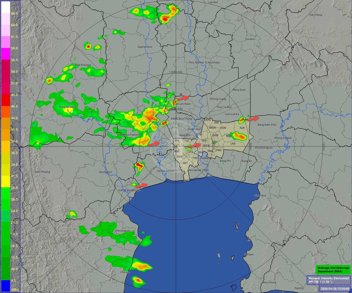 BKK_BEST's tweet photo. วันที่ 26 มิถุนายน 2569 เวลา 15.30 น./ พื้นที่ กทม. ฝนเล็กน้อยเขตมีนบุรี หนองจอก คลองสามวา บางกะปิภาษีเจริญ เคลื่อนตัวทิศตะวันออกเฉียงเหนือ แนวโน้มคงที่ /ฝนรวมที่เขตภาษีเจริญ บางกอกใหญ่ 0.5 มม https://t.co/lL3FHR6ZKp