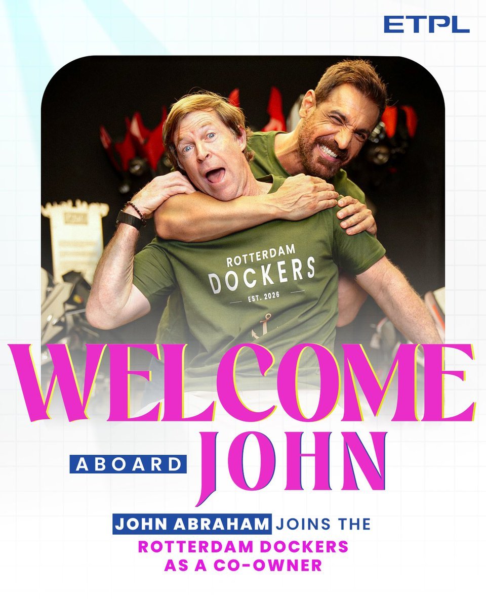 subha_d_luck's tweet photo. This is massive! 

Bollywood star and  @NEUtdFC owner #JohnAbraham joins the #ETPL as co-owner of #RotterdamDockers alongside Jonty, Faf &amp; Klaasen!

​We all know John loves football, but #AbhishekBachchan pulling his friend into cricket is pure meta friendship goals! https://t.co/khfuFY34H8