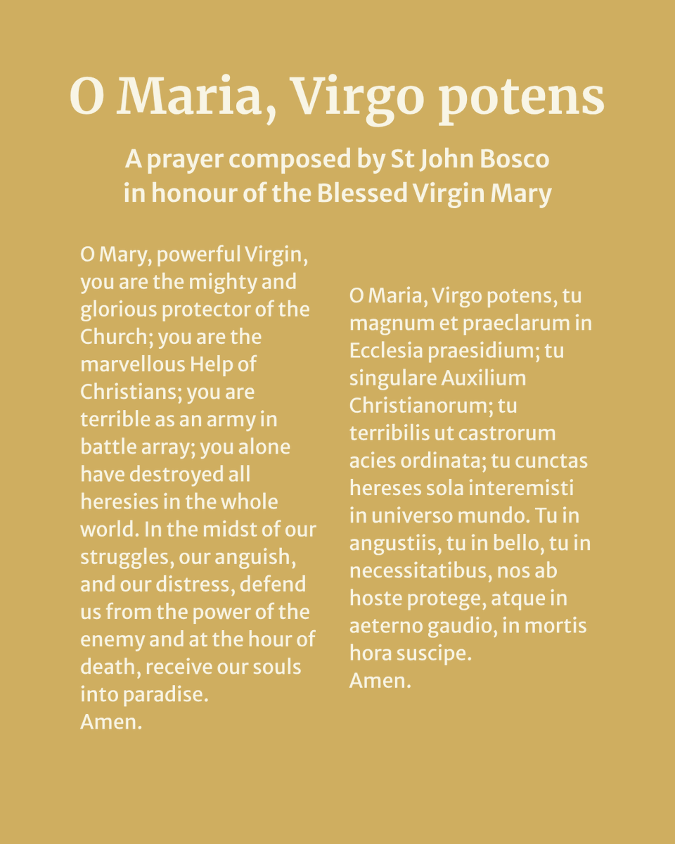 DBPublication's tweet photo. Saturday is dedicated to the Blessed Virgin Mary. St John Bosco’s 'O Maria, Virgo potens' prays for Our Lady’s powerful protection and help.
#catholic #salesians #donbosco #blessedvirginmary #ourlady #helpofchristians #saturday https://t.co/Mh9UYT7uoI