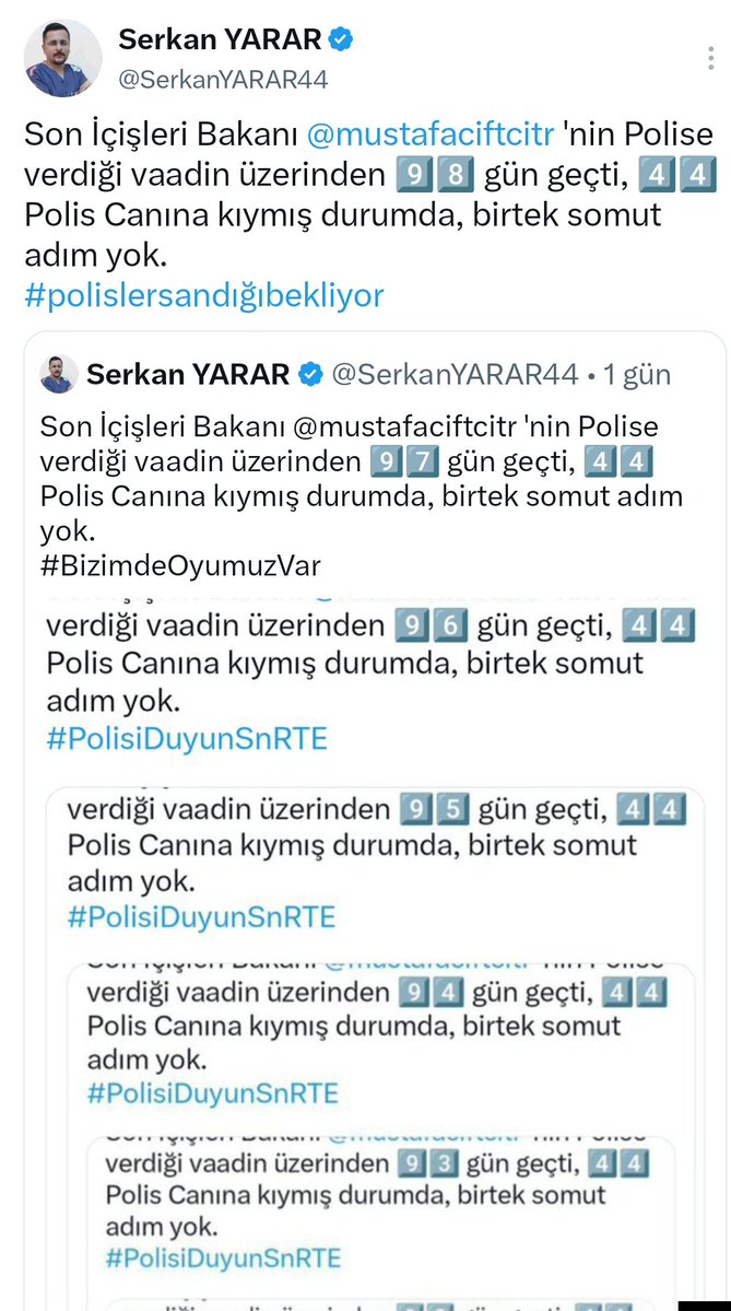 SerkanYARAR44's tweet photo. Son İçişleri Bakanı @mustafaciftcitr 'nin Polise verdiği vaadin üzerinden 9️⃣9️⃣ gün geçti, 4️⃣4️⃣ Polis Canına kıymış durumda, birtek somut adım yok.
#polislersandığıbekliyor https://t.co/geNOKYOMDC