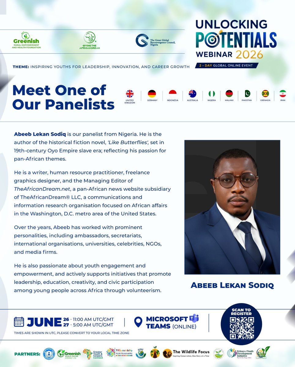 arakunrinlekan's tweet photo. I'll be speaking as a Panelist from Nigeria at the "Unlocking Potentials Webinar 2026: Inspiring Youths for Leadership, Innovation, and Career Growth". 

JOIN ON MICROSOFT TEAMS:
 https://t.co/A7NhxYyEN7
​
​#unlockingpotentialswebinar #leadership #innovation #careergrowth https://t.co/2ffaVhaiQt