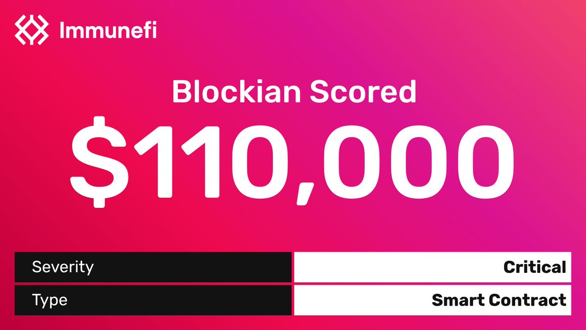 immunefi's tweet photo. This Security Researcher just earned a $110k bounty.

congrats @_blockian https://t.co/wIwF5MXL9N