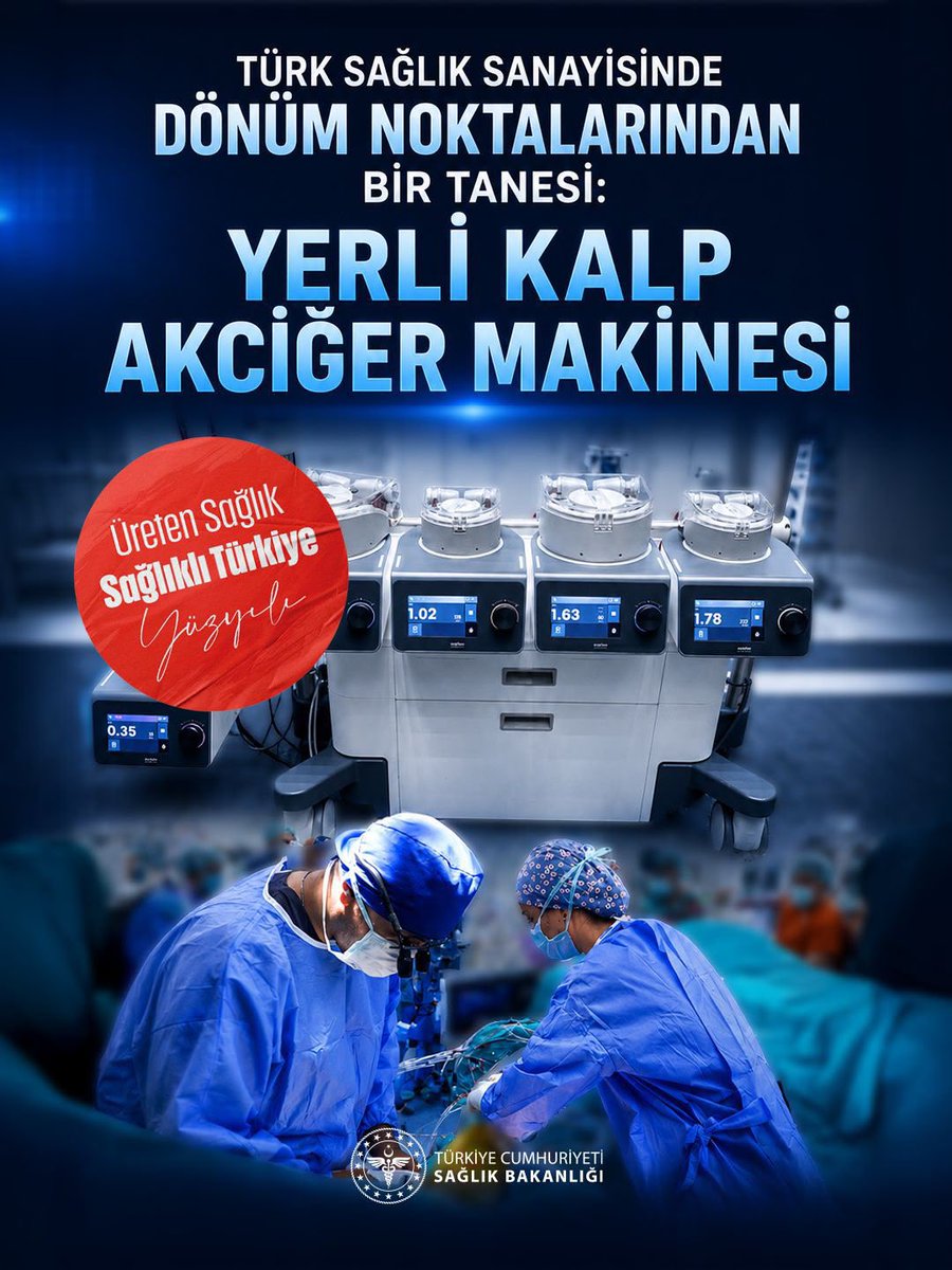 ankarailsaglik's tweet photo. Türkiye'nin yerli ve milli kalp-akciğer makinesiyle ilk ameliyat başarıyla tamamlandı. Cumhurbaşkanımız @RTErdogan’ın liderliğinde koruyan, geliştiren ve üreten sağlık vizyonuyla Türkiye Yüzyılı’nı sağlıkta teknolojinin zirvesine taşıyoruz.

#ÜretenSağlık https://t.co/PHYE0UwYZl
