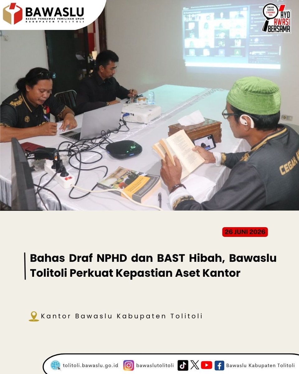 bawaslutolitoli's tweet photo. #sahabatbawaslu Bawaslu Kabupaten Tolitoli laksanakan rapat pembahasan Draf Naskah Perjanjian Hibah Daerah (NPHD) dan Berita Acara Serah Terima (BAST) Hibah Tanah dan Bangunan Kantor Bawaslu Kabupaten Tolitoli, Jumat (26/6/2026).
#ayoawasibersama #bawaslutolitoli #nphd #rapat https://t.co/lQ5CjDpnaC