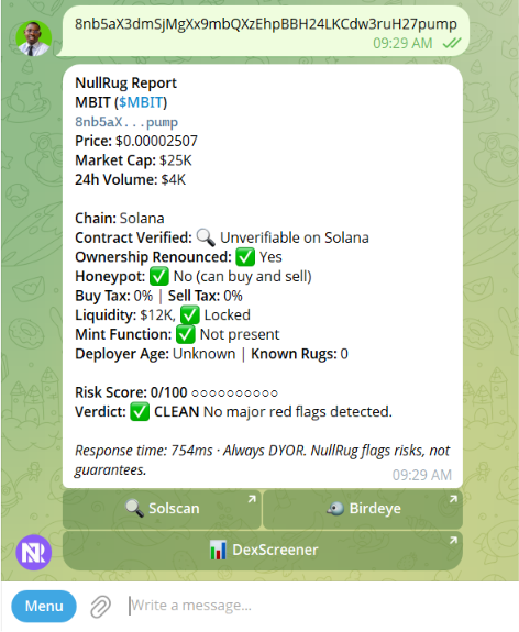 NullRug's tweet photo. @Dopamin_UU Ran $MBIT through @NullRug, a Web3 security tool that scans and analyzes contracts and wallets, and here's what I got.
You can give it a try, always check before you ape → https://t.co/9PcuwSvI9J https://t.co/QjC5DajegN