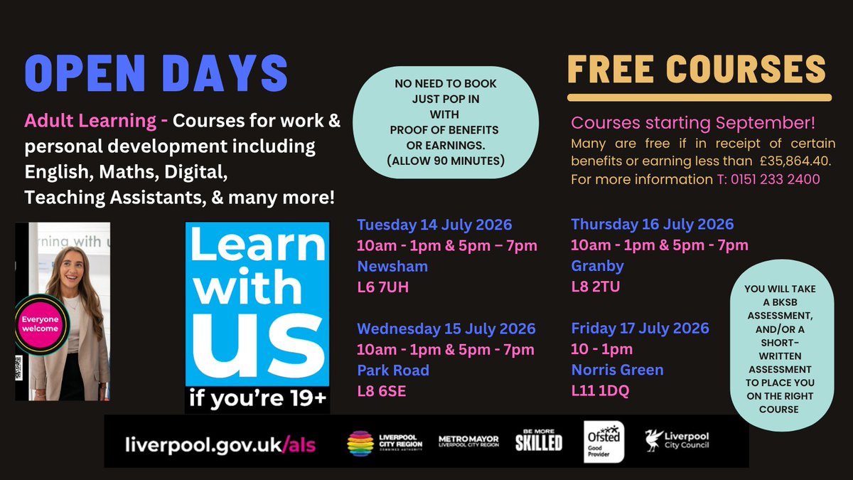 liverpool_als's tweet photo. ๐โจ Happy Employability Day! โจ๐
This Employability Day, weโre celebrating the power of Adult Learning to transform lives, build confidence and open doors to new opportunities.
Pop along to one of our Open Days in July.
#EmployabilityDay #empday26 #adultlearning https://t.co/mPVDSWBP01