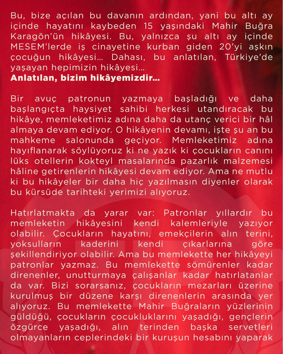 tipliogrencii's tweet photo. MESEM’li kardeşlerinin canı üzerine pazarlık yapılan salonları bastıkları gerekçesiyle tutuklanan gençler yargılanıyor.

İstanbul İl Gençlik Sekreterimiz Burak Siperli'nin savunması:

"Çünkü biz çocukların yaşamından, emekçilerin alın terinden ve memleketin haysiyetinden yana durduk."