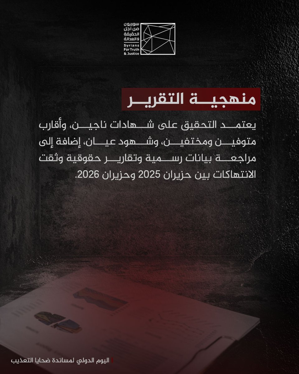 STJ_SyriaArabic's tweet photo. ◼️ في #اليوم_الدولي_لمساندة_ضحايا_التعذيب، تدعو "#سوريون" #السلطات_الانتقالية في #دمشق إلى تحقيقات عاجلة في مزاعم التعذيب بعد سقوط نظام الأسد، ومحاسبة المسؤولين، وإنهاء الإفلات من العقاب.
📌 قريبًا..ستنشر تحقيقاً موسّعاً يوثّق واقع مراكز الاحتجاز والانتهاكات المستمرة. https://t.co/qZWFQlWcVS