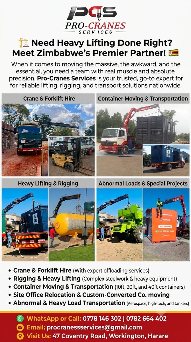 rgowera's tweet photo. Need Heavy Lifting Done Right? Meet Zimbabwe’s Premier Partner Pro-Cranes! 🇿🇼
Pro-Cranes Services is your trusted, go-to expert for reliable lifting, rigging, and transport solutions nationwide. Call us /Whatspp 0782664402/077814602
Follow us on https://t.co/6nGKPXTEn1 https://t.co/SdqVM1PziI