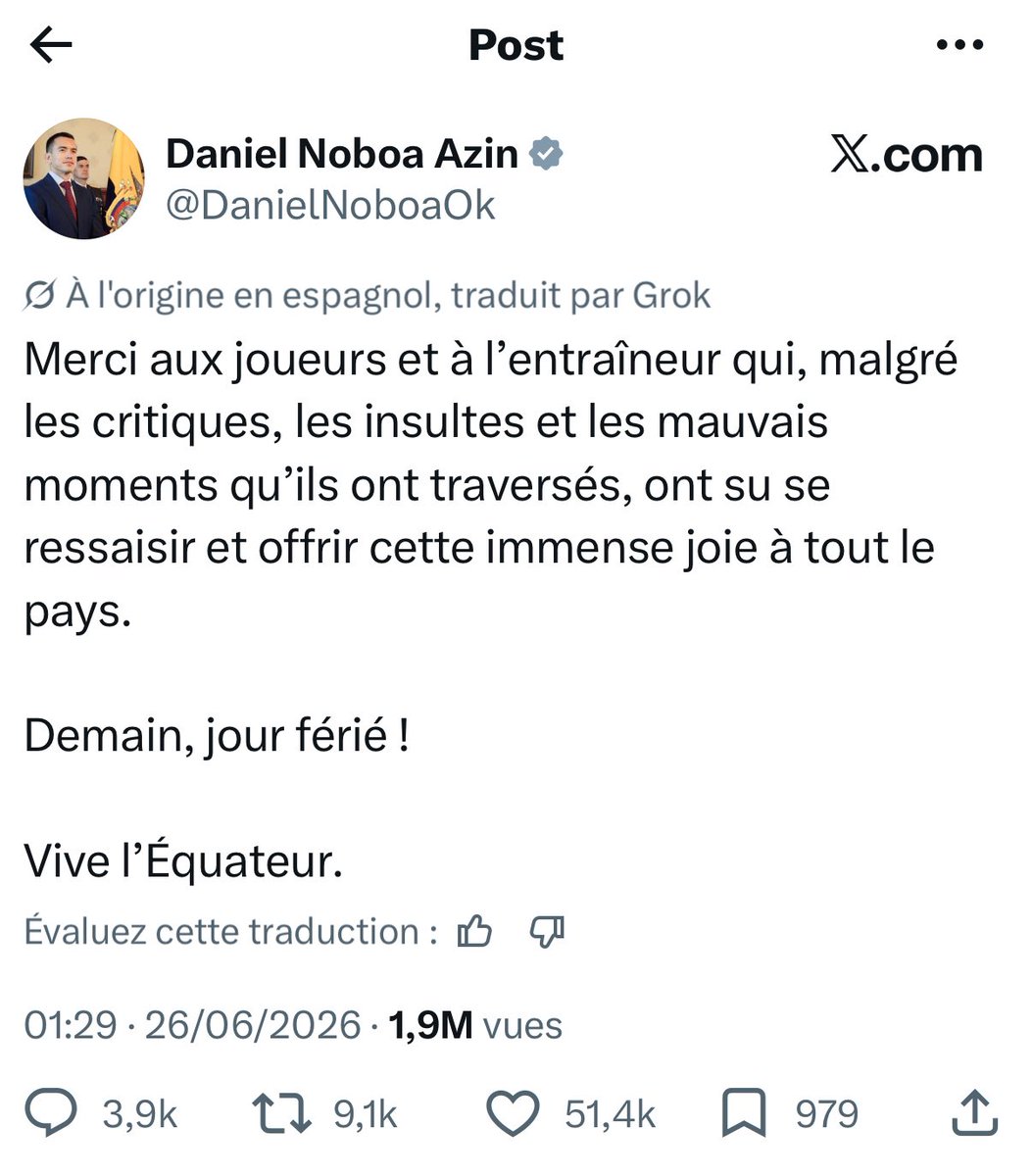 ActuFoot_'s tweet photo. 🚨 Daniel Noboa, président de la République de l’Équateur 🇪🇨, A OFFICIELLEMENT ANNONCÉ UN JOUR FÉRIÉ AU PAYS APRÈS LA QUALIFICATION EN 16es !!!! 🤩

« Merci aux joueurs et à l’entraîneur qui, malgré les critiques, les insultes et les mauvais moments qu’ils ont traversés, ont su se ressaisir et offrir cette immense joie à tout le pays.

Demain, jour férié !

Vive l’Équateur. »

📲 X (@DanielNoboaOk)