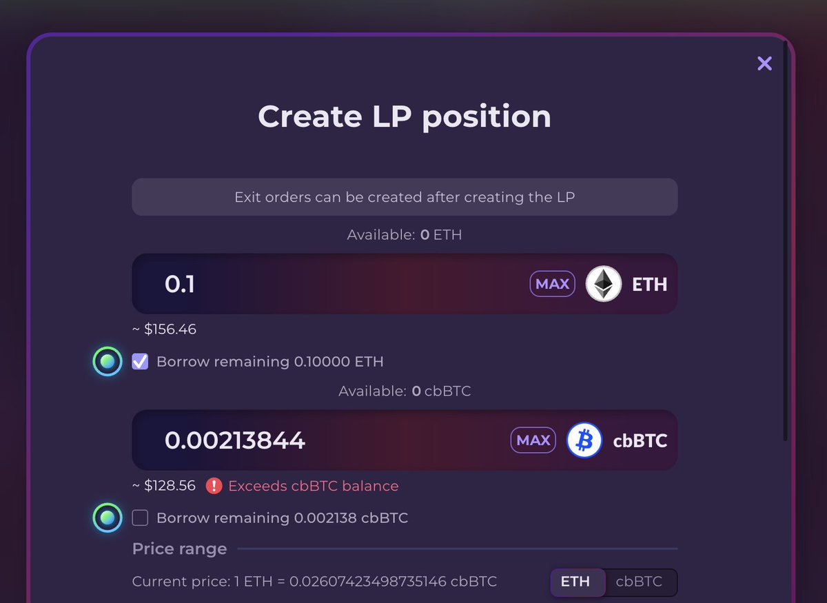 DegenPrimeDefi's tweet photo. 4) Autoborrow

Last but not least, you can now open positions without owning any of the assets.

Just check the "Borrow remaining..." box below the dollar value when creating a new Aerdrome LP position. 

Up to 10X of your (LP) collateral, as always.

5/5 [END] https://t.co/pjrMgfzwOn