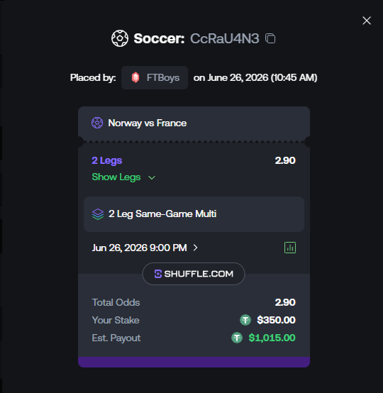 FullTiltBoys's tweet photo. Giveaway de 300$ (6x50$) pour le match de ce soir!

Pour participer c'est simple:
1️⃣ Il te faut un compte shuffle (mon lien si tu n'en as pas encore: https://t.co/e9GprchFV2)
2️⃣ Like, RT &amp; tag un ami

Le meilleur book pour cette coupe du monde, c'est shuffle! https://t.co/XWpvkK6UJL