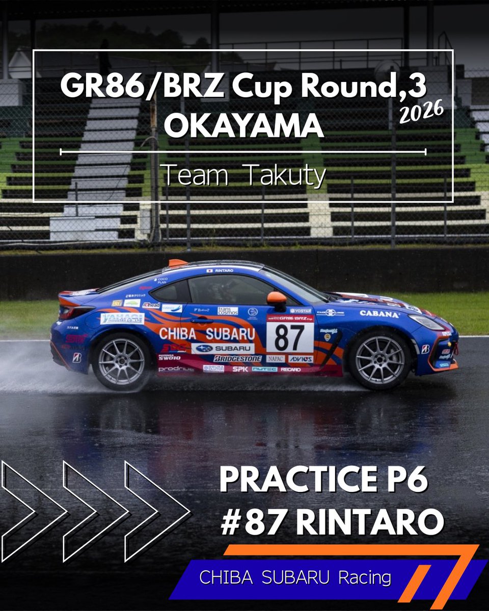 takuto_iguchi's tweet photo. GR86/BRZ Cup岡山大会 金曜日の専有走行が終了しました✅

本日も雨の走行になりましたが、各車様々な調整を行いながら無事に走行を終えました。明日の予選はどんなコンディションになるか分かりませんが、チーム一丸となり良い予選になるように頑張ります👍

応援宜しくお願い致します📣

#TeamTakuty https://t.co/7xLakZQ8B5
