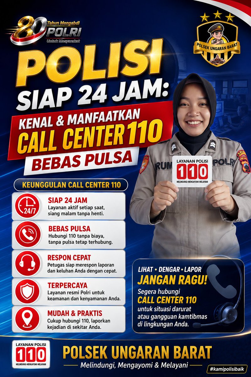 3Humas's tweet photo. Polisi Siap 24 Jam,
Kenal &amp; Manfaatkan Call Center 110 Bebas Pulsa.

@polressemarangkab 
#polriuntukmasyarakat
#kamipolisibaik
#polsubsektorungarantimur https://t.co/i1B0XM3q8M