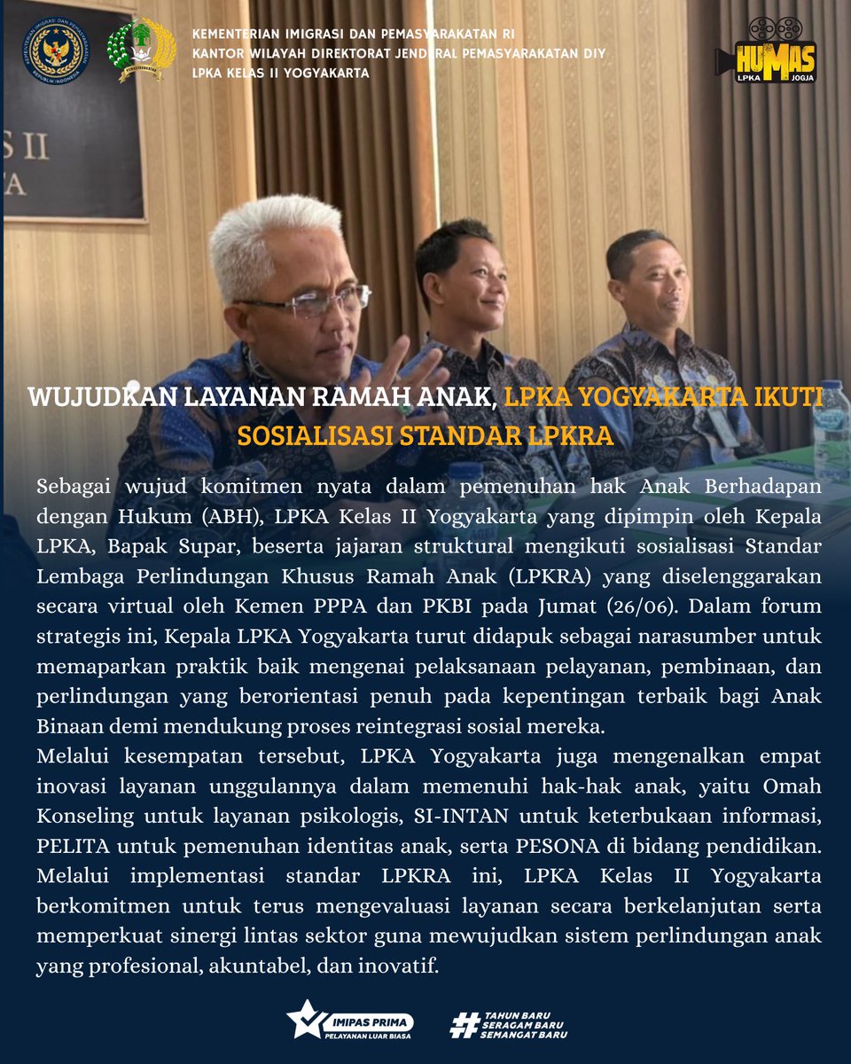 lpkajogja's tweet photo. Dalam rangka memperkuat komitmen terhadap pemenuhan hak Anak Berhadapan dengan Hukum (ABH), Kepala LPKA Kelas II Yogyakarta, Bapak Supar, bersama jajaran pejabat struktural dan pegawai mengikuti kegiatan Sosialisasi Standar Lembaga Perlindungan Khusus Ramah Anak (LPKRA). https://t.co/wBOeVLIFFR