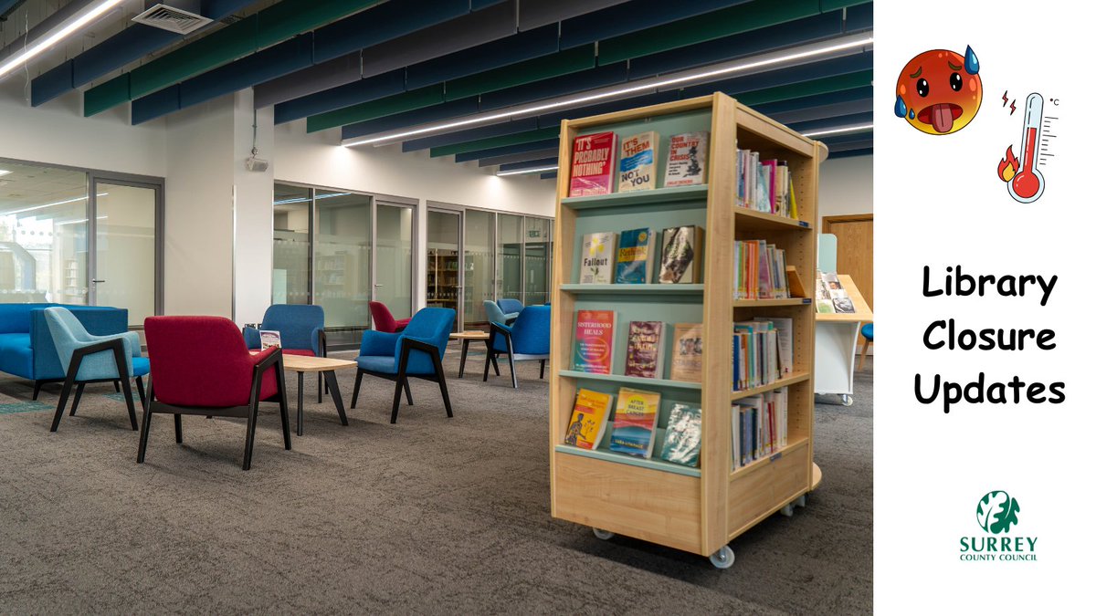 SurreyLibraries's tweet photo. Due to a Red Heat Alert in place today (Friday 26 June), the following libraries will close at 1pm to protect the welfare of both visitors to the library and our staff.  After a review the indoor temperatures within these libraries are considered to be too hot.  All other libraries remain open at this time.  

Guildford ➡️ https://t.co/JFbdiZlTUf
Oxted  ➡️ https://t.co/HnqB9i87kF
Reigate ➡️ https://t.co/xPzA8JGQEm
Caterham Valley ➡️ https://t.co/f6zk1lNNoL

If you do need to go out and about please remember to have water with you to stay hydrated. 

For information on keeping safe and well during this hot spell please visit ➡️ https://t.co/vFUBvOwwFH 

Apologies for any inconvenience and hope everyone stays safe and well at this time.