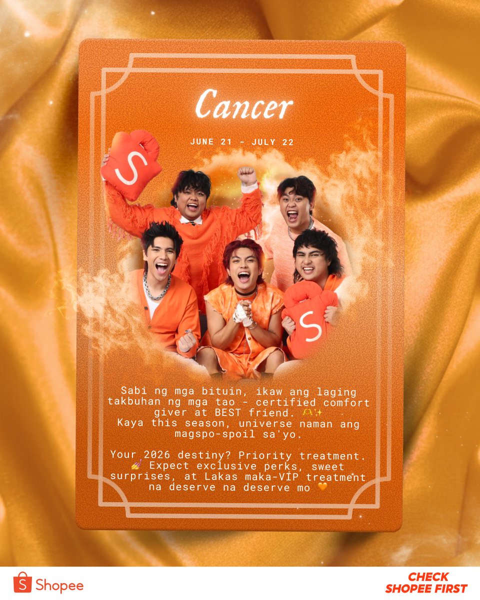 ShopeePH's tweet photo. ✨ Radiant energy ang dala mo kahit saan ka magpunta, Cancer Bestie! ✨ 

At dahil swerte kayo ngayong taon, overflowing premium perks, exclusive discounts, and free shipping discounts will be coming your way! Lakas maka-VIP energy! 🧡

#ShopeeVIP Tip: Know your worth, Bestie! If you’re looking for the best treatment, don’t settle for anything less kaya #CheckShopeeFirst na: https://t.co/44xd6SeoGZ