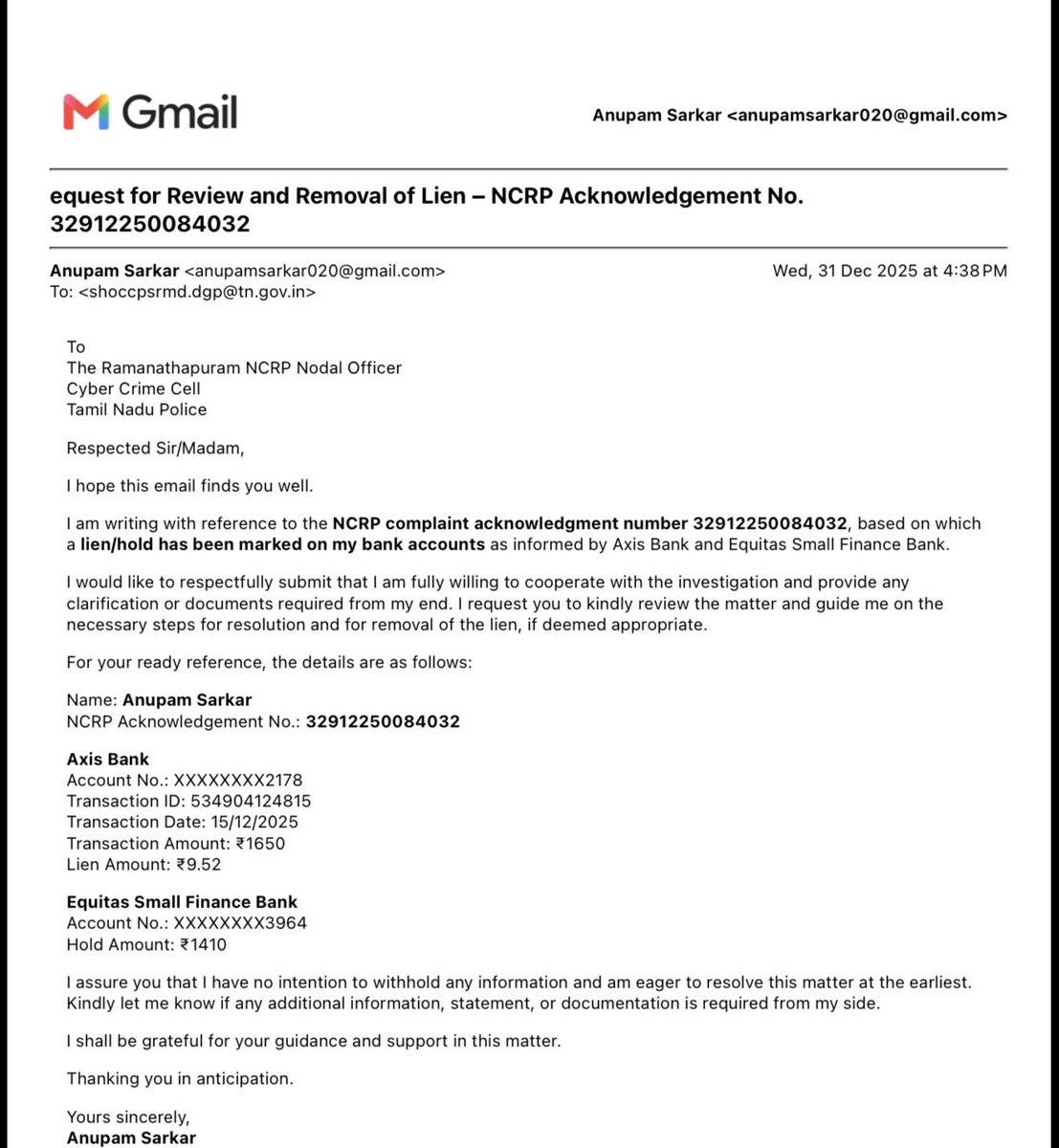 Anupam0217's tweet photo. @tnpoliceoffl Despite sending three reminder emails and WhatsApp messages, I have still received no response regarding my request for review of NCRP Ack. No.32912250084032. I request the concerned authorities to kindly look into this matter and provide an update.#NCRP #CyberCrime https://t.co/m9UWFBoE7l