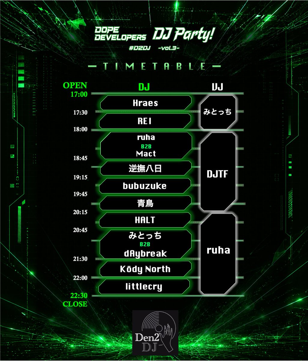 Den2DJ's tweet photo. 【タイムテーブル公開】

開催が2週間後に迫る
Dope Developers DJ Party! #D2DJ vol.3
本日はタイムテーブルを公開！！！

🗓️ 2026/7/10(Fri.)
⏰ 17:00~22:30
📍 柴崎mod @shibasakimod 
💰 ¥1500+1D (26生は¥1000+1D)
📝 #D2DJ https://t.co/SJFKK9C0Z7