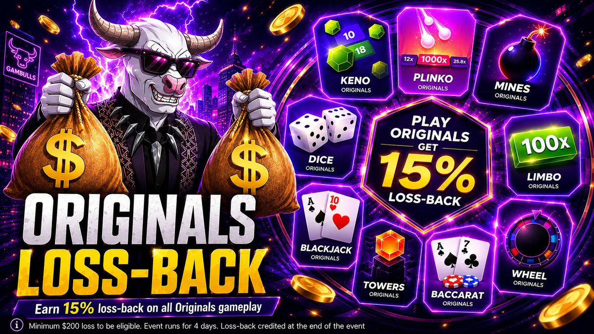 gambullscasino's tweet photo. 💰 15% loss-back all weekend on Gambulls.

From today until Monday, all players can earn 15% loss-back on all Originals gameplay on Gambulls. 

You don't need to be a high roller to get a true VIP experience at Gambulls. https://t.co/FIrMBabcfN