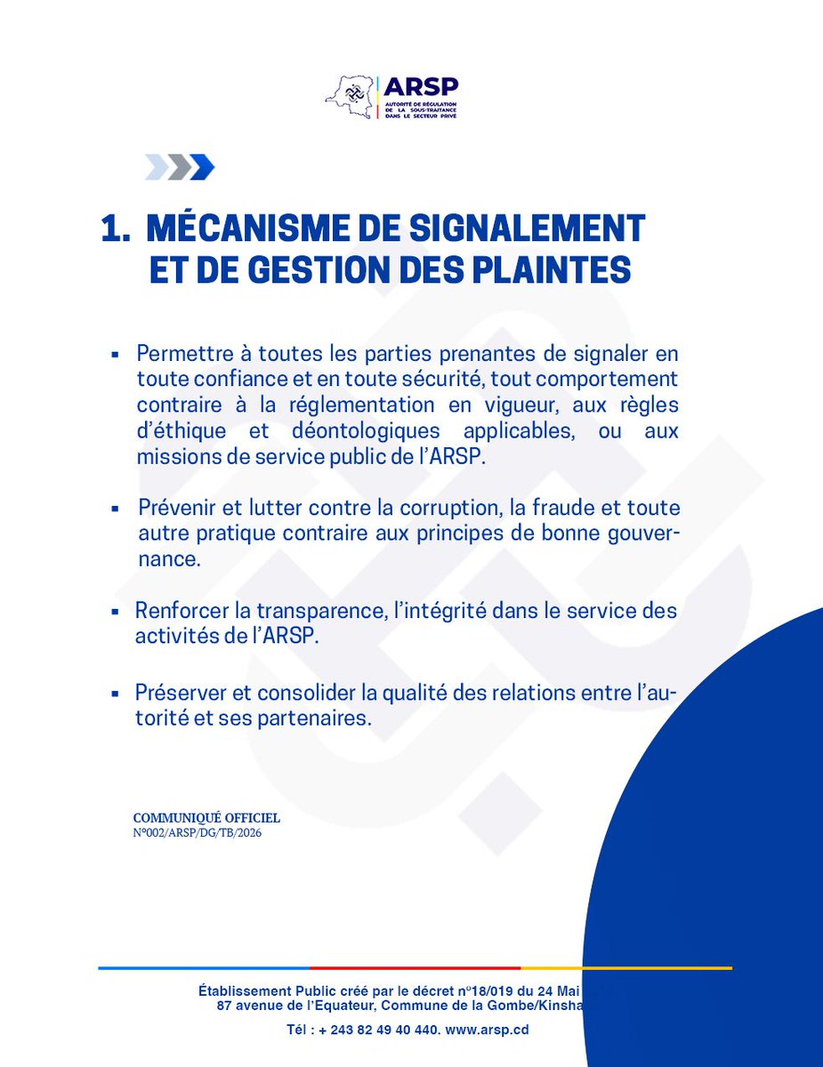 ArspRdc's tweet photo. Ce qu'il faut savoir sur les mécanismes de signalement et de plaintes à l'ARSP.
#ARSP #SousTraitance #Signalement #Déclarations
1/2 https://t.co/sJxRQ69R90