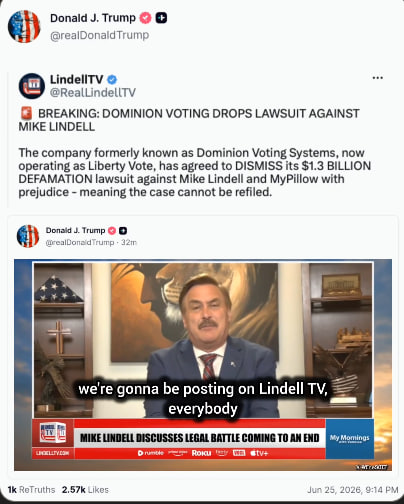 jocey_paul16's tweet photo. 🇺🇲🗳 💣 💥 DOMINION CONVIENT de CLASSER l'action en justice de 1,3 MILLIARD de dollars contre Mike Lindell !

Un rapport de 5 ans, de 800 pages & preuves de fraude des machines Dominion sera publié aujourd'hui.

Les entreprises de machines à voter tombent comme des dominos. C'est pourquoi j'ai lutté chaque jour pour l'intégrité des élections.

LA VÉRITÉ TRIOMPHERA TOUJOURS.

——————

Lui aussi avait été sali comme Sydney Powell...🤨 Le président Trump l'a reposté.

✅ Vidéos traduite, sous-titrée et doublée en français (Jocelyne P.Traduction)
Sur Telegram : 

Vidéo : https://t.co/C2CHBg8ftK

Si vous appréciez mon travail et souhaitez me faire un don :
👇🏻
https://t.co/oVfpbcadJY (choisir "don à un proche" pour éviter les frais de part et d'autre)