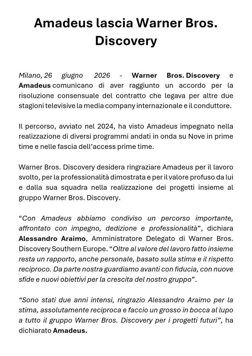 Cinguetterai's tweet photo. 🔴 È ufficiale: Amadeus lascia Warner Bros. Discovery. Raggiunto un accordo per la risoluzione consensuale del contratto in anticipo di due anni e dopo solo due stagioni dalla firma. https://t.co/5S1K74xZT8