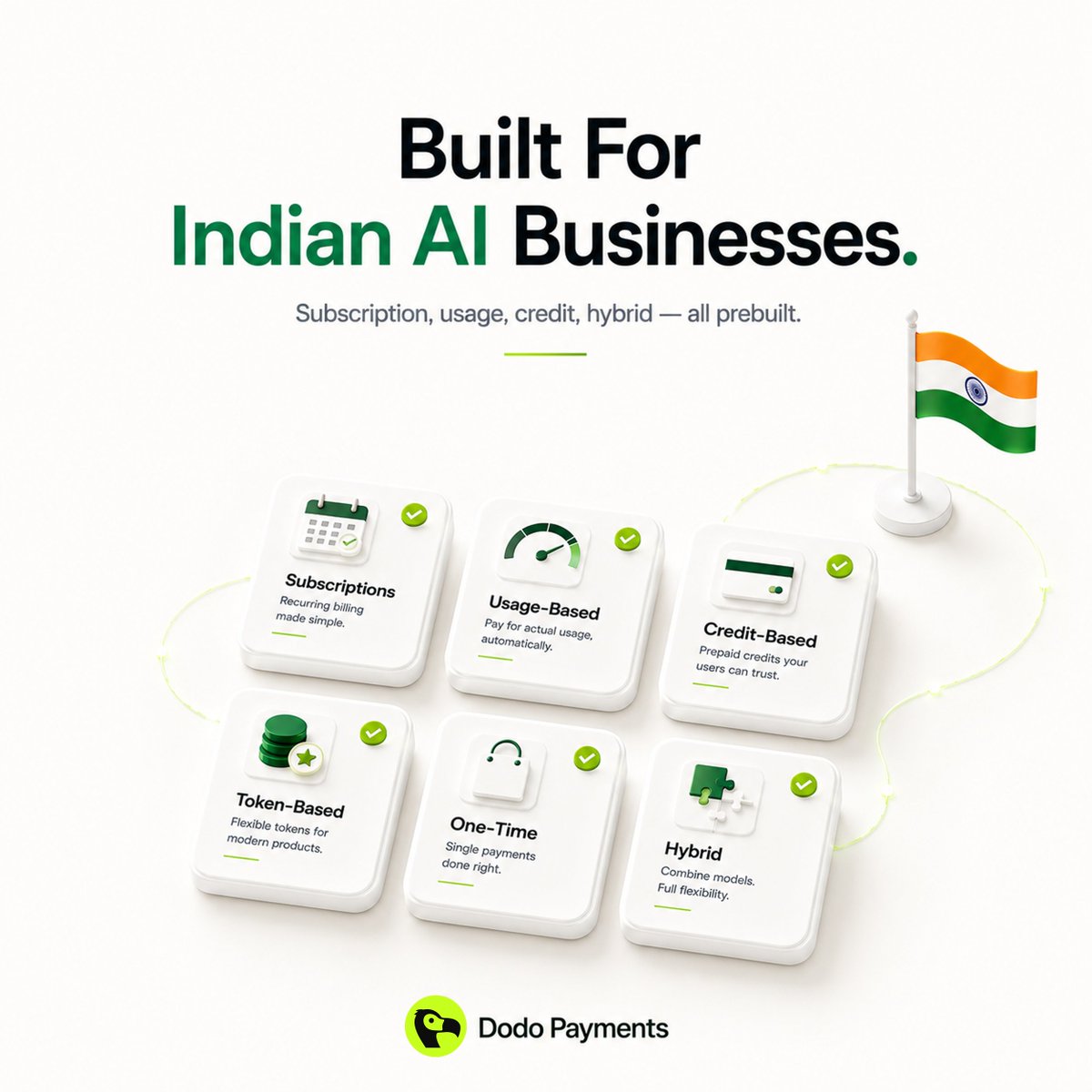 dodopayments's tweet photo. Indian AI founders: stop building billing from scratch. 

Subscription, usage, credit, hybrid — all pre-built. 
Integrate in 5 lines.