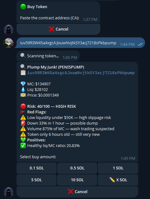 wraithsolbot's tweet photo. How to spot a rug before it happens?

5 red flags Wraith catches automatically

We scanned a random token so you don't have to.
Here's what Wraith found in seconds 👇

🔴 Risk: 40/100 — HIGH RISK
🚩 Low liquidity under $50K — high slippage risk
🚩 Down 33% in 1 hour — possible dump
🚩 Volume 875% of MC — wash trading suspected
🚩 Token only 6 hours old — still very new

One positive? Healthy liq/MC ratio of 20.83%
Not enough to save it.

Would you have bought this? Most people would have.

Wraith catches this before you tap buy.

👉 @wraithsolbot on Telegram  scan any token instantly