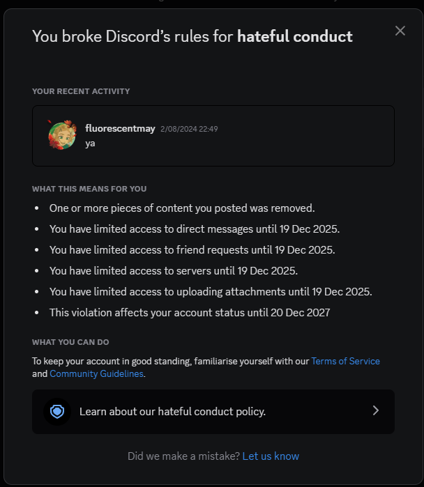 Fluorescent_May's tweet photo. @Grusii_Ridia Discord's moderation is blatantly infuriating 
had my account limited before from saying this ☠ https://t.co/YdXzF9BheY