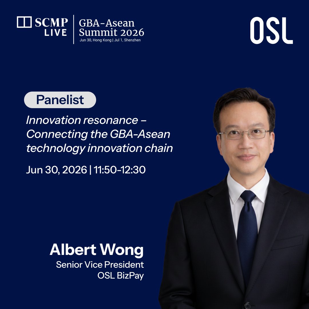 osldotcom's tweet photo. Albert Wong, SVP of OSL BizPay, will be joining the GBA-Asean Summit 2026 hosted by @SCMPNews.

As GBA-ASEAN connectivity continues to grow, fastyoer and more efficient cross-border payment infrastructure is becoming essential for enterprises across the region.

At OSL BizPay, we look forward to sharing how stablecoin-powered payment rails can support real-world business needs, from settlement efficiency to regional capital flow.

See you at the summit 👀