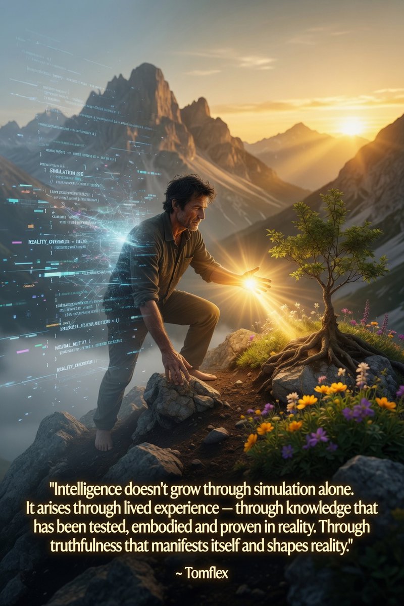 Tomfl3x's tweet photo. Intelligence doesn’t grow through simulation alone. It arises through lived experience — through knowledge that has been tested, embodied and proven in reality. Through truthfulness that manifests itself and shapes reality. ~ Tomflex https://t.co/Rd5j5Pp2Bx