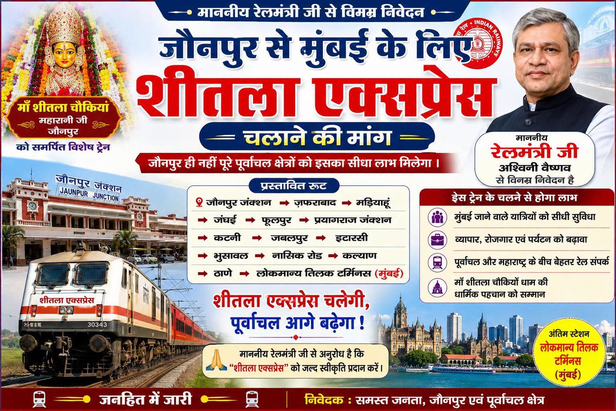 soc_analyst_L1's tweet photo. @AshwiniVaishnaw जी कृपया इस मांग को पूरा करें #जौनपुर वासियों की ओर से इस ट्रेन की वर्षों से चली आ रही  @narendramodi @CMOfficeUP @myogiadityanath @RailMinIndia @drm_lko @SrDOMLKO 

#जौनपुर_की_मांग_शीतला_एक्सप्रेस https://t.co/AYoi4rb2VM
