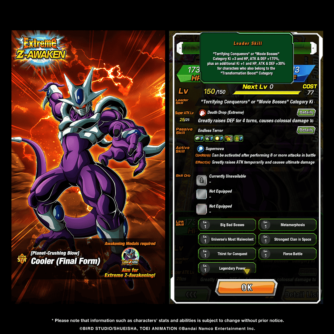 dokkan_global's tweet photo. LR [Planet-Crushing Blow] Cooler (Final Form) can soon be Extreme Z-Awakened!

After Extreme Z-Awakening, his Leader Skill, Passive Skill, Super Attack and Ultra Super Attack will be strengthened! https://t.co/QLIfJCXdSc
