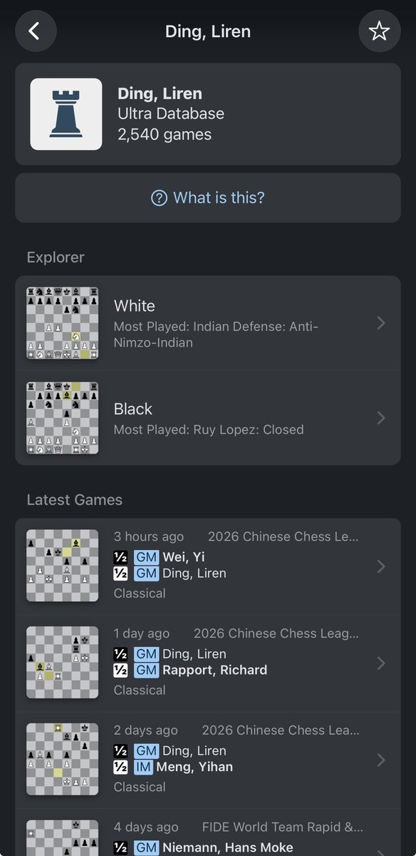 anishgiri's tweet photo. We got used to it now, but the fact that you would have the latest games of the players available, let alone on mobile, was unthinkable just a year ago. 

Database that updates in real time. 
And so much more is coming.

Download the ChessMonitor app, if you are a chess player. https://t.co/TOZkLiIQqD