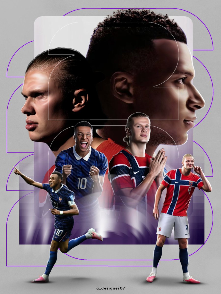 a_designer07's tweet photo. Erling 🆚 Kylian

A #FIFAWorldCup blockbuster awaits 🎬
 #haaland #football #bvb #premierleague  #championsleague #mbappe #erlinghaaland #mancity  #soccer #realmadrid #fifa #bundesliga #dortmund #ucl  #laliga #worldcup #norway🇳🇴 #france🇫🇷 #leomessi #cr7 #neymarjr https://t.co/fe2f9dhWBY