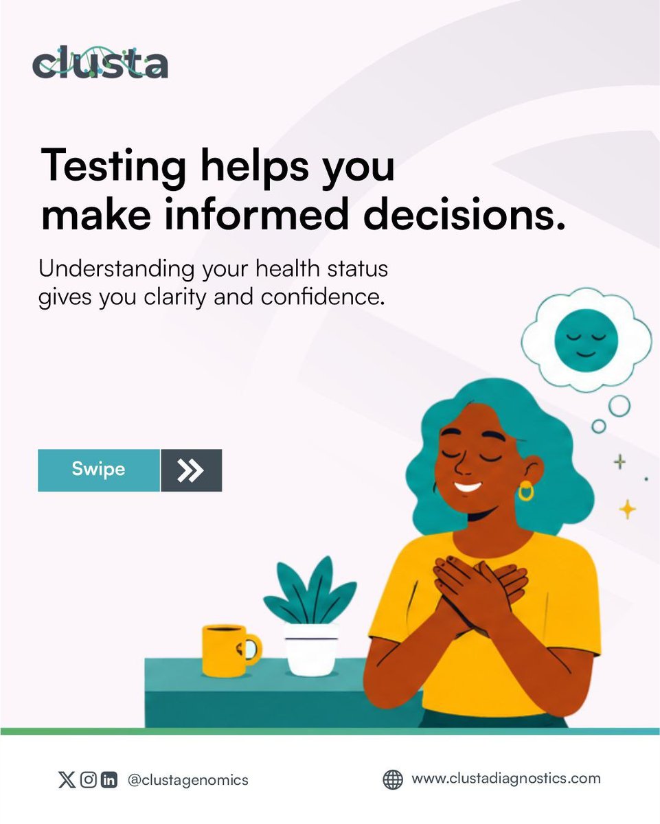 ClustaGenomics's tweet photo. 4 reasons to test regularly

Many health conditions are easier to manage when detected early.

Regular testing helps you stay informed, make better health decisions &amp; take action sooner when needed.

Before symptoms become serious sicknesses, stay informed with Clusta's Test Kits https://t.co/IOHQZTWcj2