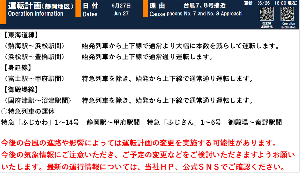 JRC_Tokaido_S's tweet photo. 【06月26日   18時30分現在】   【台風接近に伴う運転計画について】   最新の運行状況については当社HP、公式SNSでご確認ください。 #JR東海運行情報 https://t.co/f6Pd0cyIfm https://t.co/5AT9jHmbKE