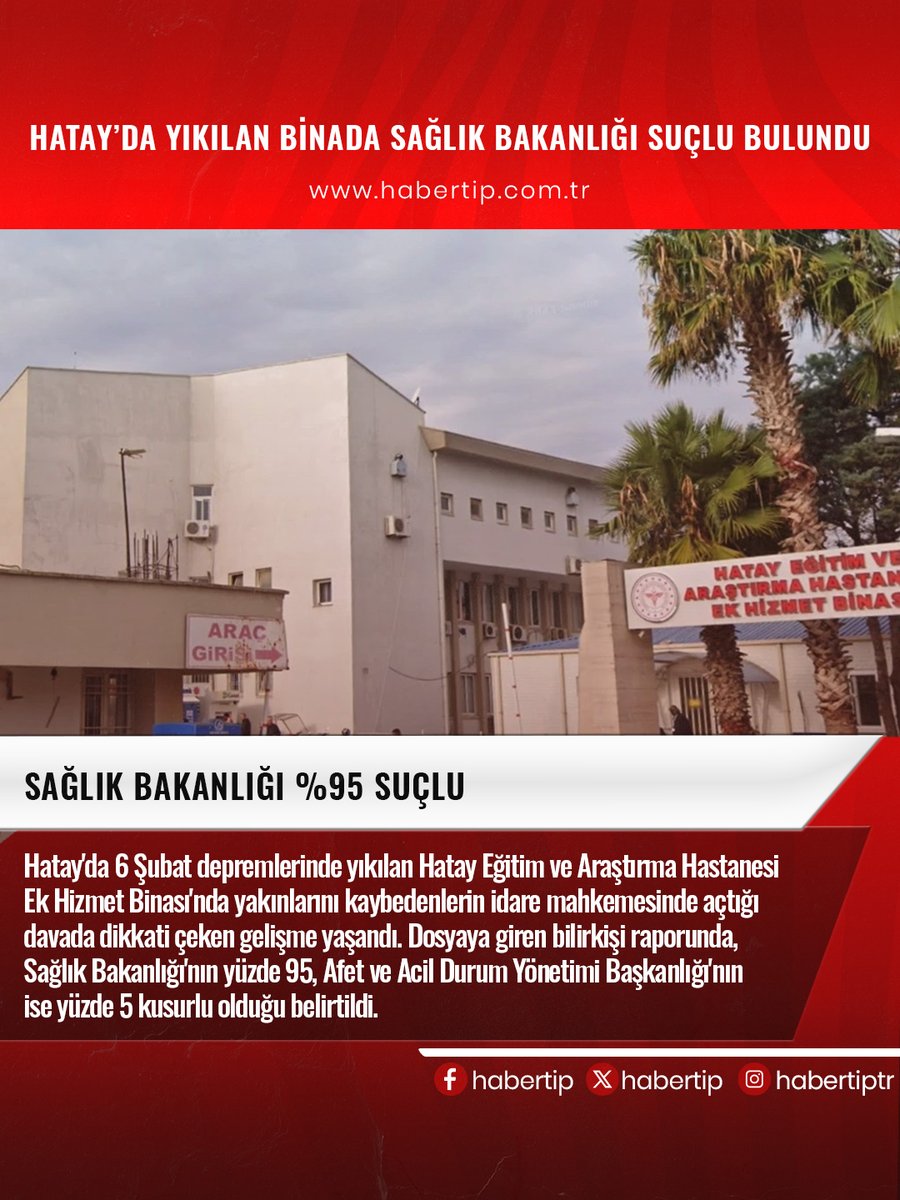 habertip's tweet photo. HATAY'DA YIKILAN BİNADA SAĞLIK BAKANLIĞI SUÇLU BULUNDU

Hatay'da 6 Şubat depremlerinde yıkılan Hatay Eğitim ve Araştırma Hastanesi Ek Hizmet Binası'nda yakınlarını kaybedenlerin idare mahkemesinde açtığı davada dikkati çeken gelişme yaşandı. Dosyaya giren bilirkişi raporunda, Sağlık Bakanlığı'nın yüzde 95, Afet ve Acil Durum Yönetimi Başkanlığı'nın ise yüzde 5 kusurlu olduğu belirtildi.

Kahramanmaraş merkezli 6 Şubat 2023 depremlerinde yakınlarını kaybedenlerin adalet arayışı sürüyor. Hatay Eğitim ve Araştırma Hastanesi Ek Hizmet Binası'nda anne ve babasını kaybeden bir yurttaş, hastanenin yıkımında sorumluluğu bulunan kamu kurumları hakkında Hatay 2. İdare Mahkemesi'nde dava açtı. Davada, 2 inşaat yüksek mühendisi, 1 jeoloji yüksek mühendisi, 1 yüksek şehir plancısı ve 1 yüksek mimar tarafından hazırlanan rapor dosyaya sunuldu. Raporda, Sağlık Bakanlığı'na yüzde 95, AFAD'a ise yüzde 5 kusur atfı yapıldı. (Anka)