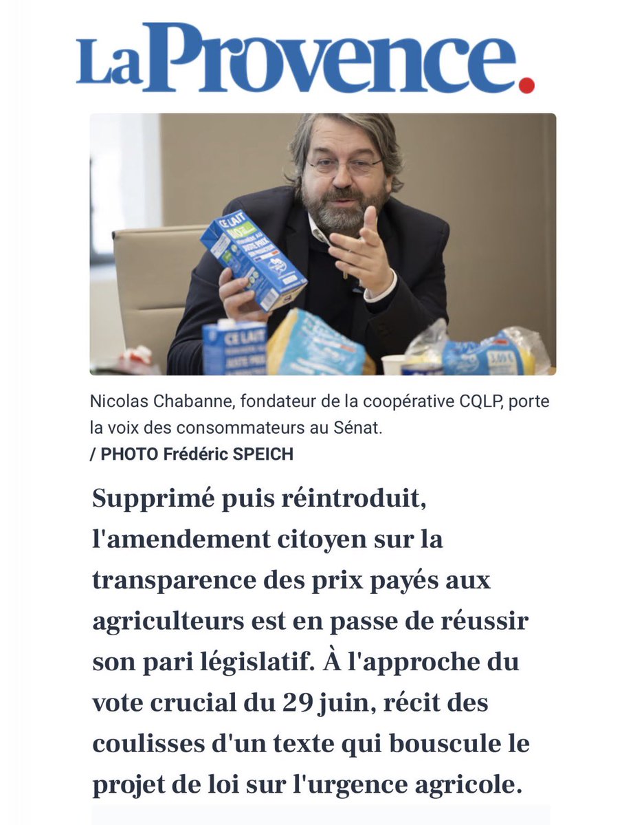 NicoChabanne's tweet photo. @AnnieGenevard c’est une simple erreur, n’est-ce pas ? #AmendementSolidaire 😳 Alors que @laprovence revient sur le très beau scénario vécu par notre amendement solidaire et citoyen destiné à soutenir dans la loi les producteurs, nous apprenons que le gouvernement s’invite (et pas de la plus heureuse des manières 😬).

Ce matin Raphaël Petit nous alerte et nous envoie ça :

« Nous avons constaté que le gouvernement a déposé un amendement (amendement n° 358) qui propose de réécrire l’article 19 ter autour d’un tout autre sujet : supprimer l’encadrement de la publicité relative aux opérations de dégagement à l’extérieur des magasins, une mesure prévue par la loi Egalim 2, jamais mise en vigueur.

Si l’amendement du gouvernement est adopté en premier, les autres amendements tombent (dont celui solidaire des citoyens,) et ne seront pas examinés. »

Franchement, Madame la Ministre, c’est une erreur d’inattention de vos services, n’est-ce pas ? 🙄

On vous tient au courant car nous n’avons pour l’instant pas de réponse du Ministère, mais après avoir obtenu le soutien unanime de l’Assemblée nationale et du Sénat (merci à ceux qui soutiennent désormais d’une seule voix transpartisane cette disposition citoyenne), on ne peut pas imaginer que ce soit le gouvernement qui bloque l’expression du soutien massif des citoyens pour les producteurs via l’introduction historique de ce soutien dans la loi ! On vous tient au courant. Bonne journée à tous 😊🙌 #SoutienAuxProducteurs #LePatronCestLeConso

@FSProducteurs @C_qui_le_Patron @Agri_Gouv #souverainetéalimentaire #Mercosur #AgriculteursEnColère #Solidarité article de @GVanlede La Provence lien en commentaire

1/2
