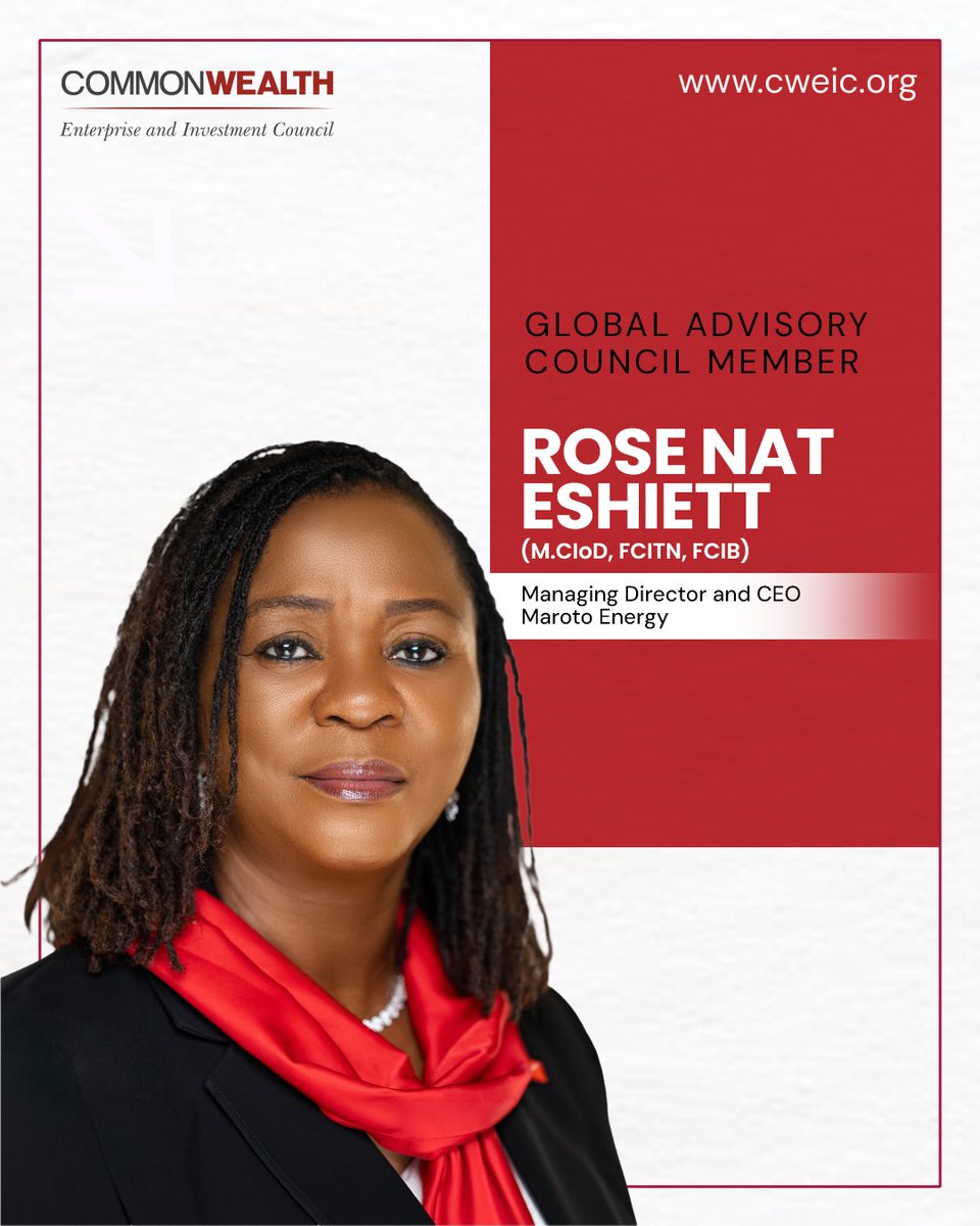 CWEICofficial's tweet photo. Maroto Energy Consulting Limited (MEC) joins CWEIC as a Strategic Partner, with Rose Natt Eshiett appointed to our Global Advisory Council ⚡MEC provides energy advisory, project financing and commercial support across the oil and gas sector.

#CWEIC https://t.co/ZU9qTc9F8F