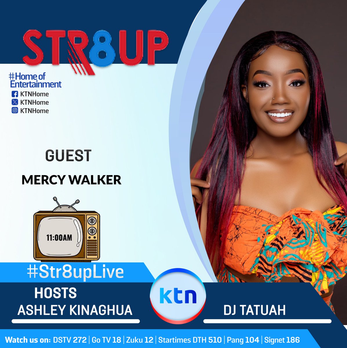 ktnhome_'s tweet photo. Saturday is upon us "n" so is #Str8upLive & the tag team will be up in the place 💯🔥💃🎤
@ashleykinaghua,  @djtatuah, @ksankenya

And that's not all! Our line-up is super-lit: @mercywalkerofficial_ @lyangalisa @veryl_mkali_wao

 #DanceToTheBeat #LiveShow #music

Producer @wainainagram