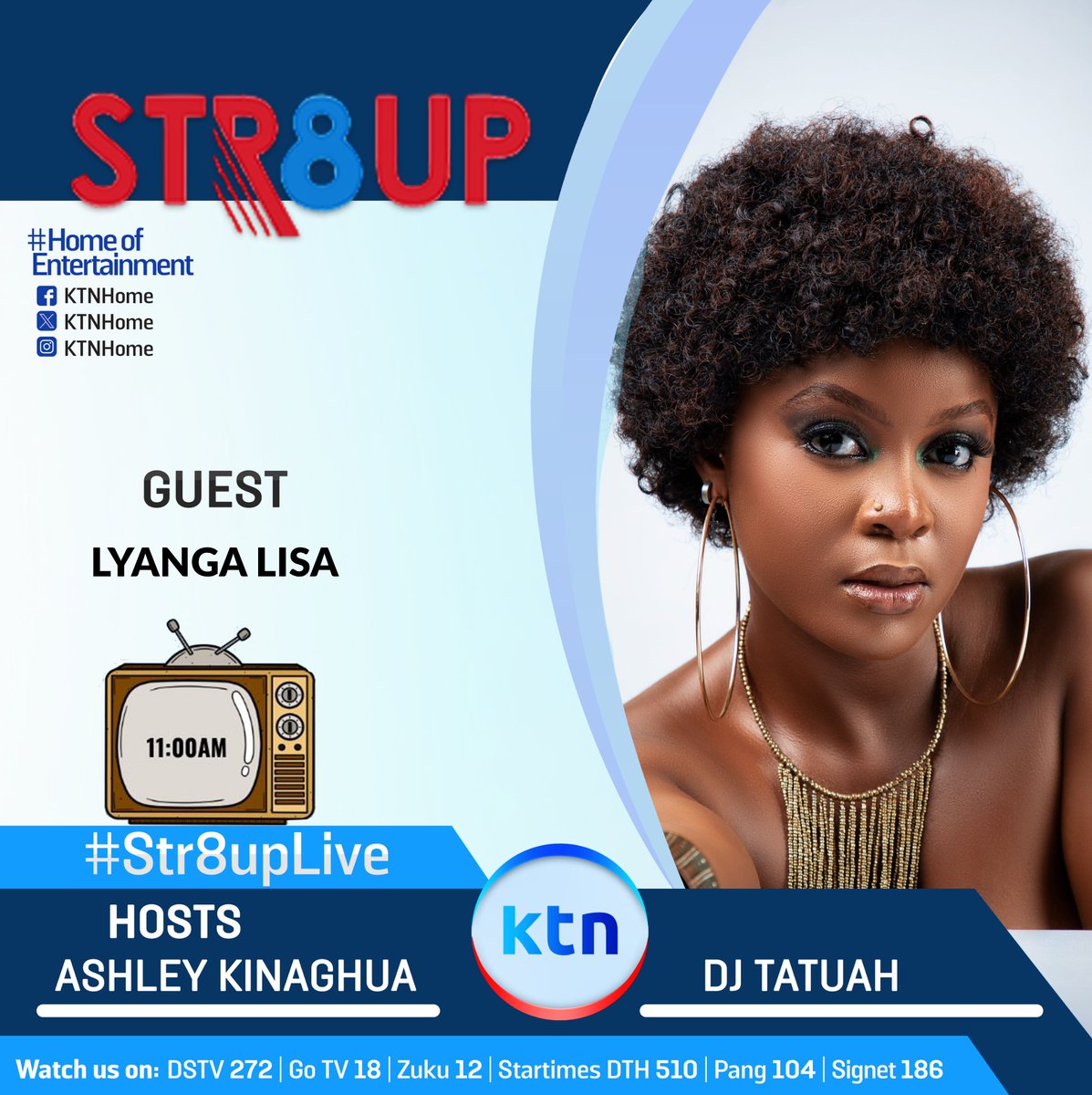 ktnhome_'s tweet photo. Saturday is upon us "n" so is #Str8upLive & the tag team will be up in the place 💯🔥💃🎤
@ashleykinaghua,  @djtatuah, @ksankenya

And that's not all! Our line-up is super-lit: @mercywalkerofficial_ @lyangalisa @veryl_mkali_wao

 #DanceToTheBeat #LiveShow #music

Producer @wainainagram